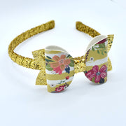 Glitter Bow Headband - gold floral