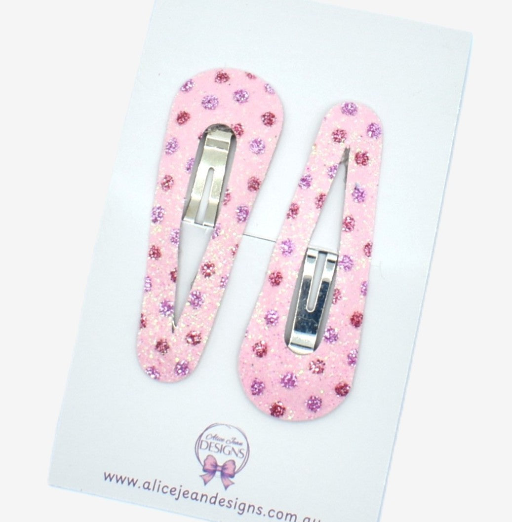 Pink glitter polka dot snap clips - pair of 2