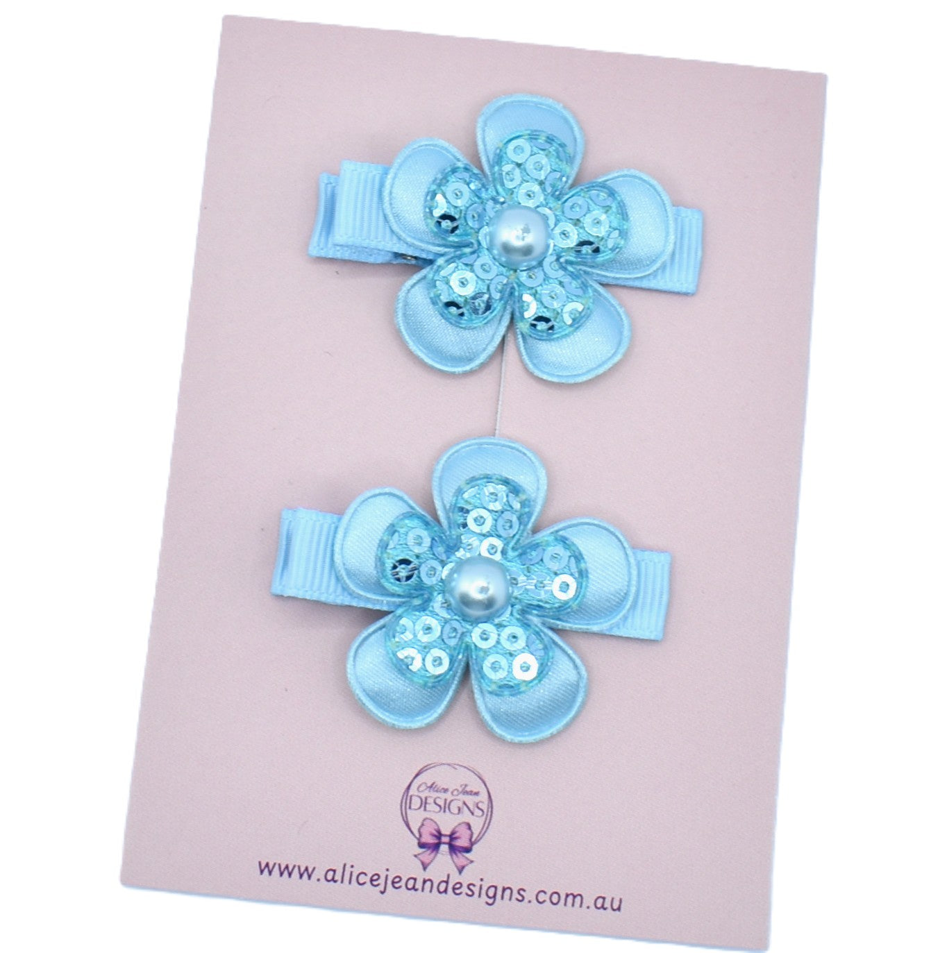 Piggytail Hair Clips - Light blue sequin flowers