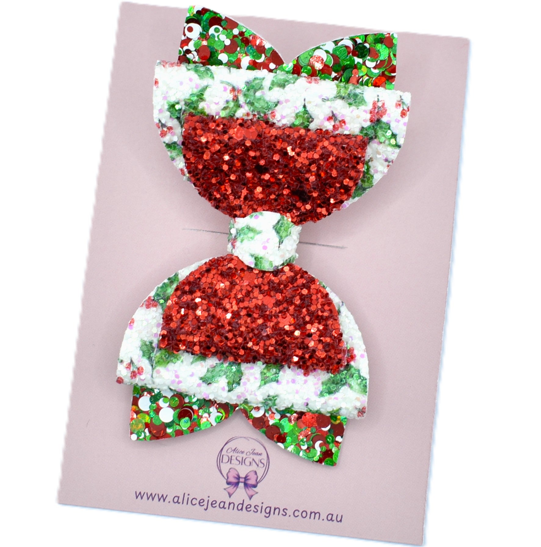 Annabelle Bow Hair Clip - Red & Green Holly