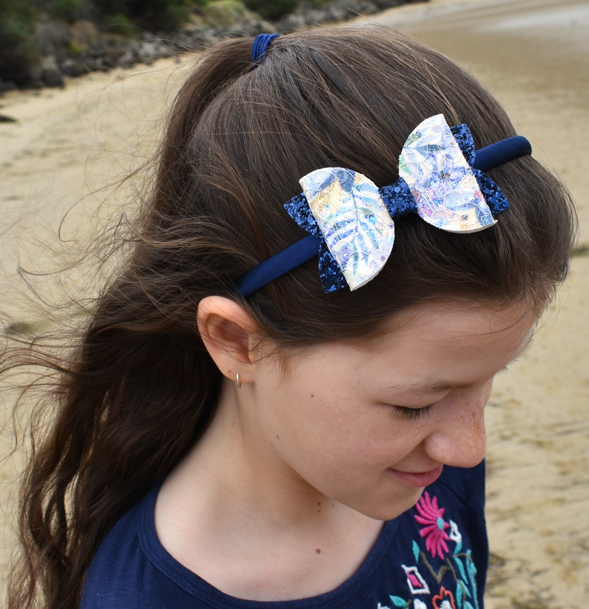 Glitter Bow Headband - navy floral