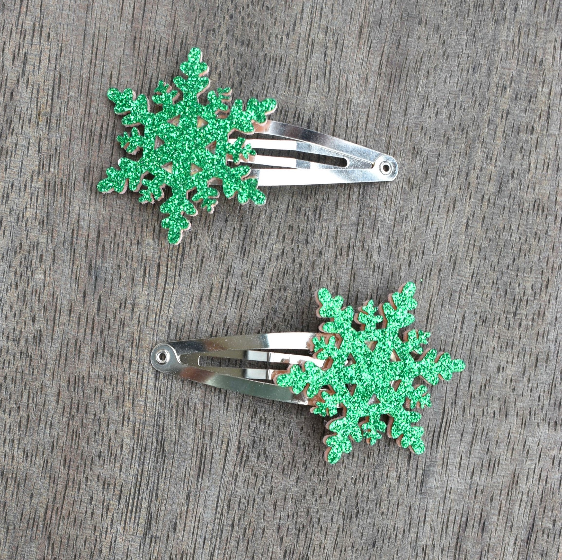 Glitter Snowflake Hair Clips - Green