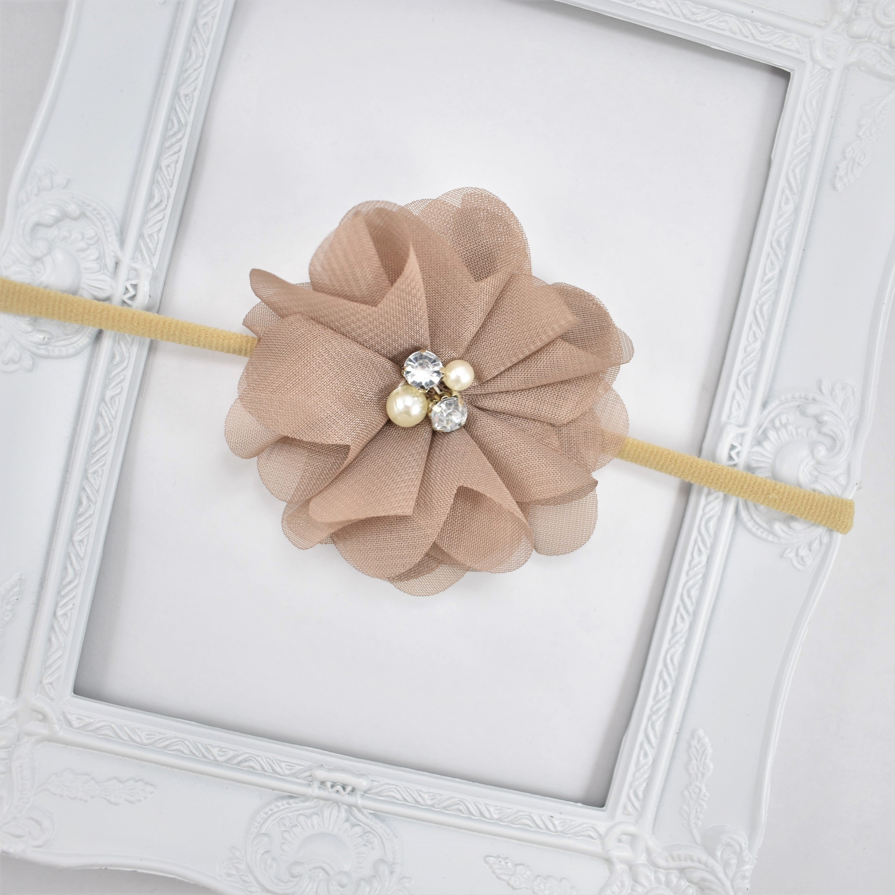 Tan Pearl Rhinestone Flower Headband