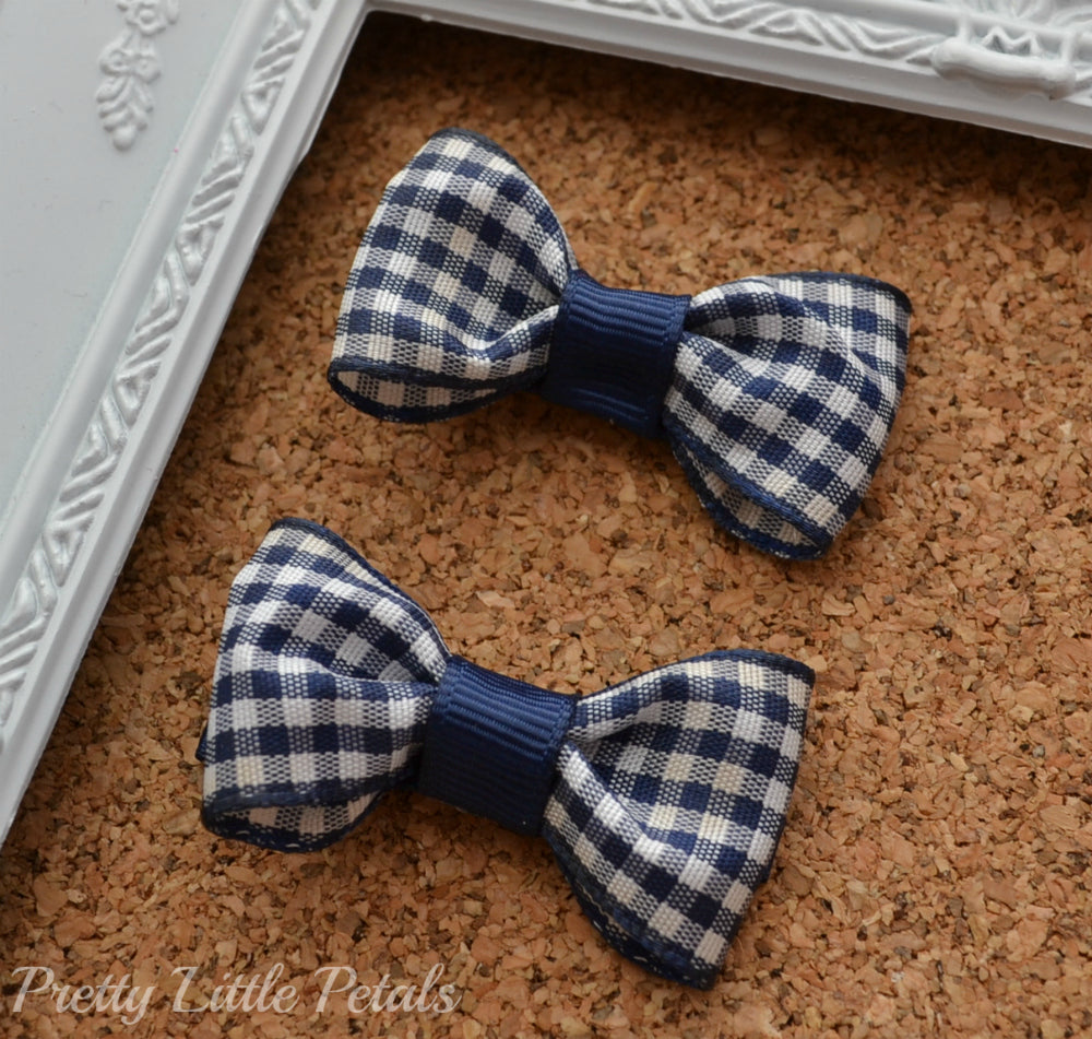 School Hair Clips - Navy Gingham Bow